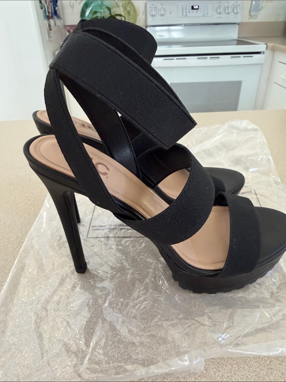 INC International Concepts Black Elastic Strap Platform High Heels
